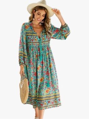 R.Vivimos Women's Long Sleeve Floral Print Bohemian Midi Dress